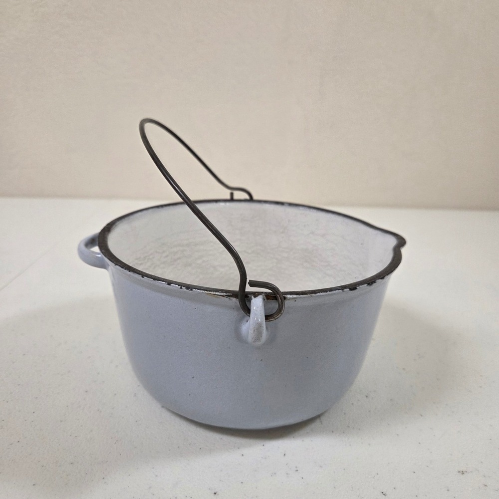Vtg Vollrath ware Light Blue Enamelware Small Cauldron Pot Wire Bail Handle # 2